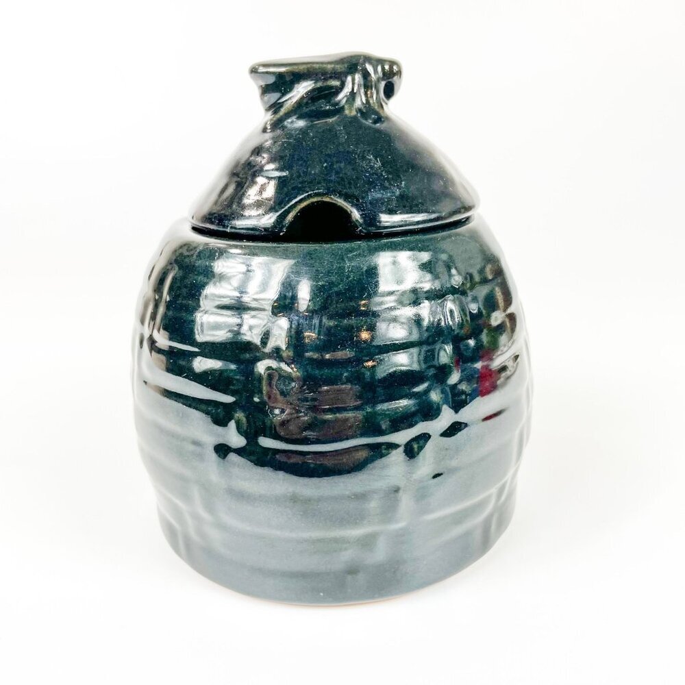 Frankoma Pottery Black Onyx Beehive Honey Canister Jar With Bee Finial 803